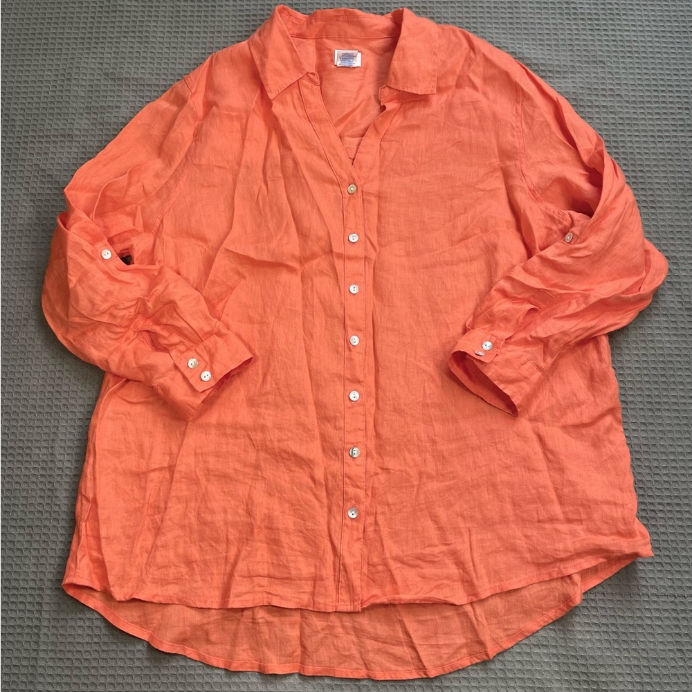 Sigrid Olsen 100% Linen Shirt Blouse 1X Womens Roll Tab Long Sleeve